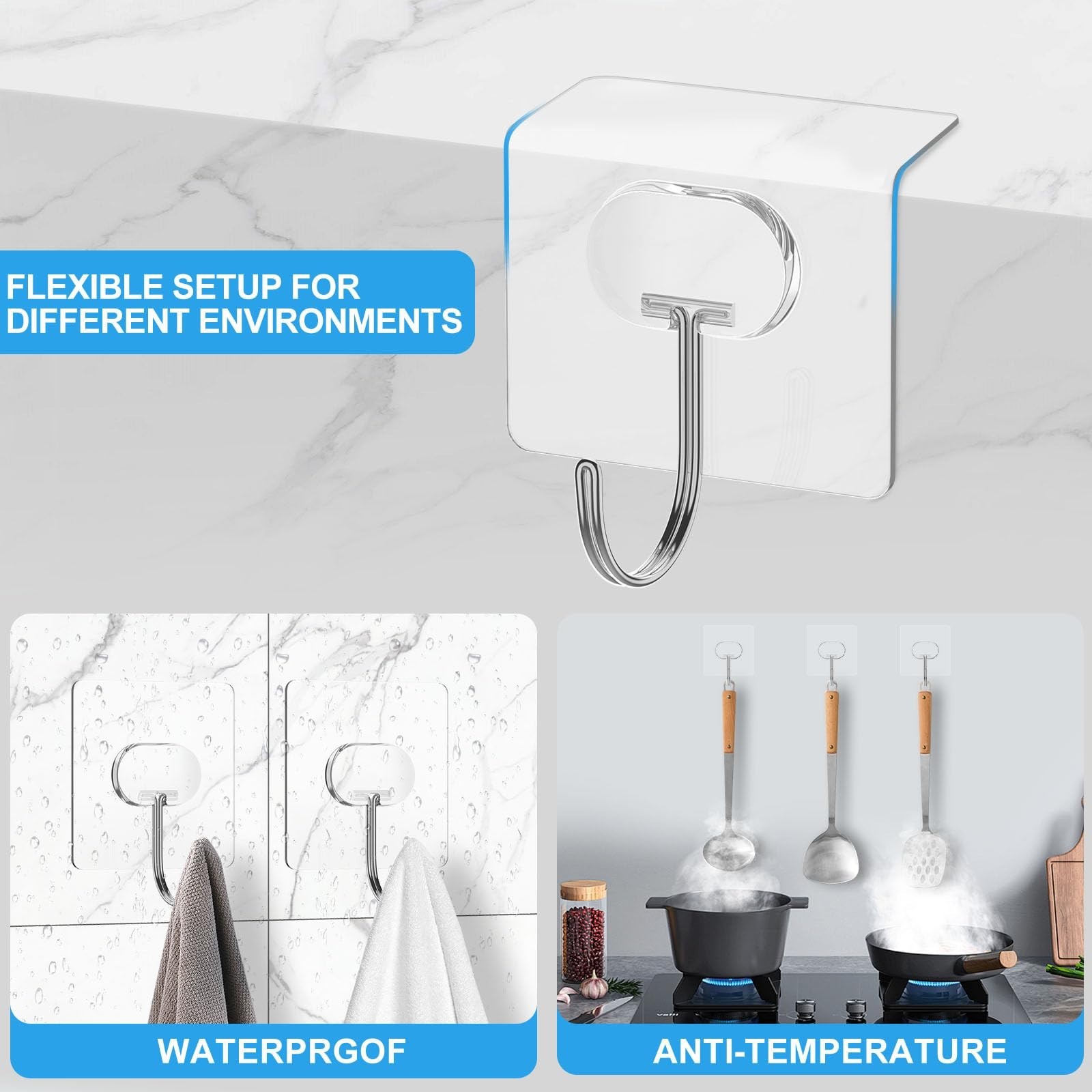 Heavy Duty No Drill Adhesive Wall Hooks – 8 Pack, 13LB Max Load, Waterproof, Cle