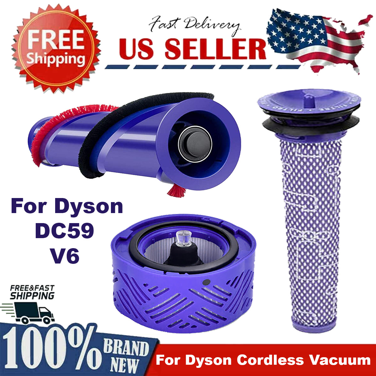 3 Pack Roller Brush Pre and Post Motor Filter for Dyson V6 Vacuum Cleaner