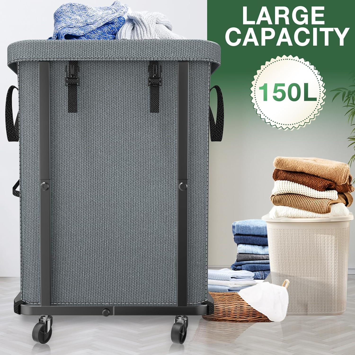 40 Gal(150L) High Grade Large Laundry Basket with Wheels, Rolling Laundry Hamper