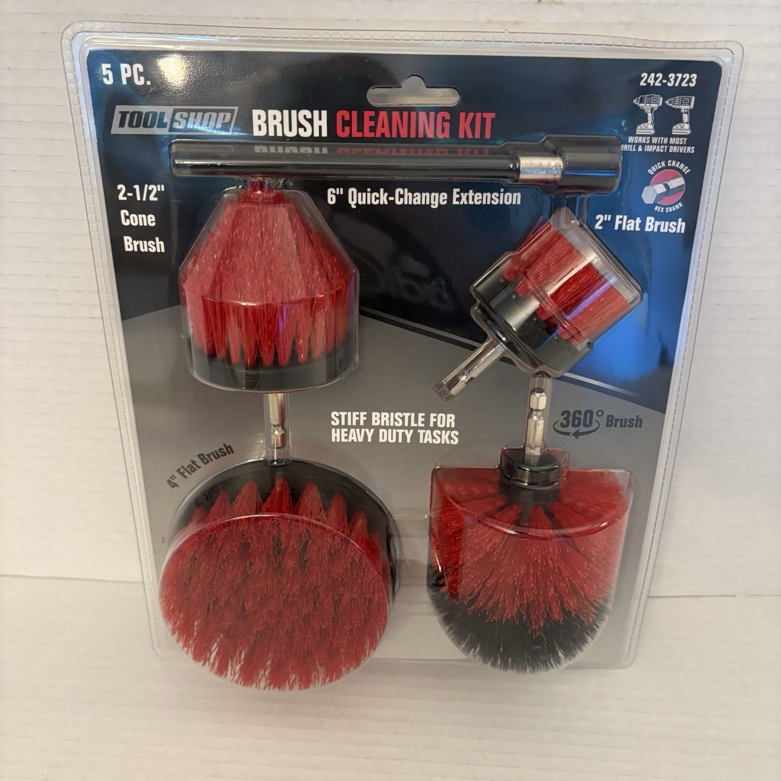 5 Piece Red Head Drill Brush Cleaning Tool Kit 1/4″ Hex Shank Medium Bristle