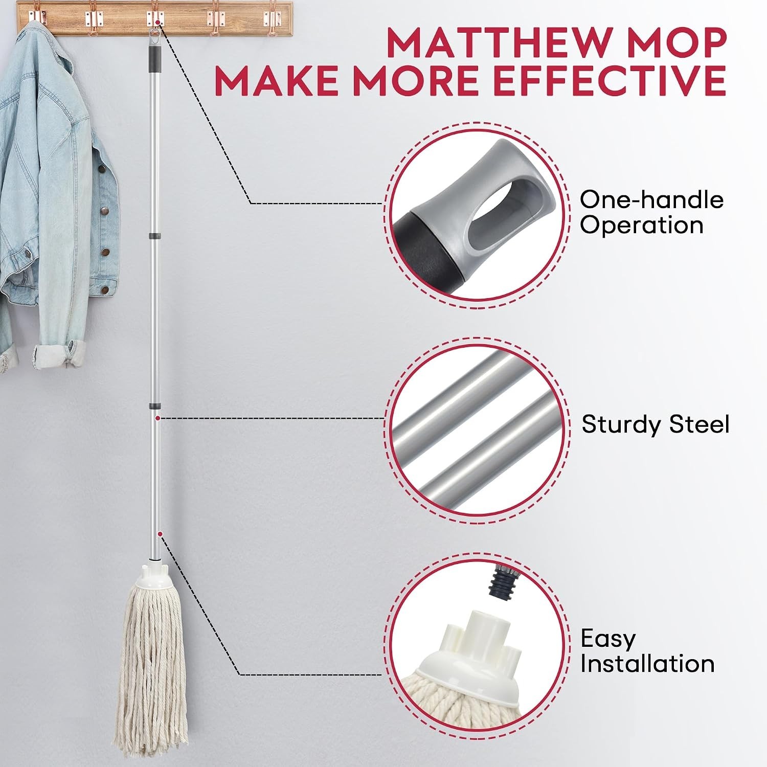 Matthew Cotton Mop with 54″ Stainless Steel Handle – Perfect for All Hard Floors