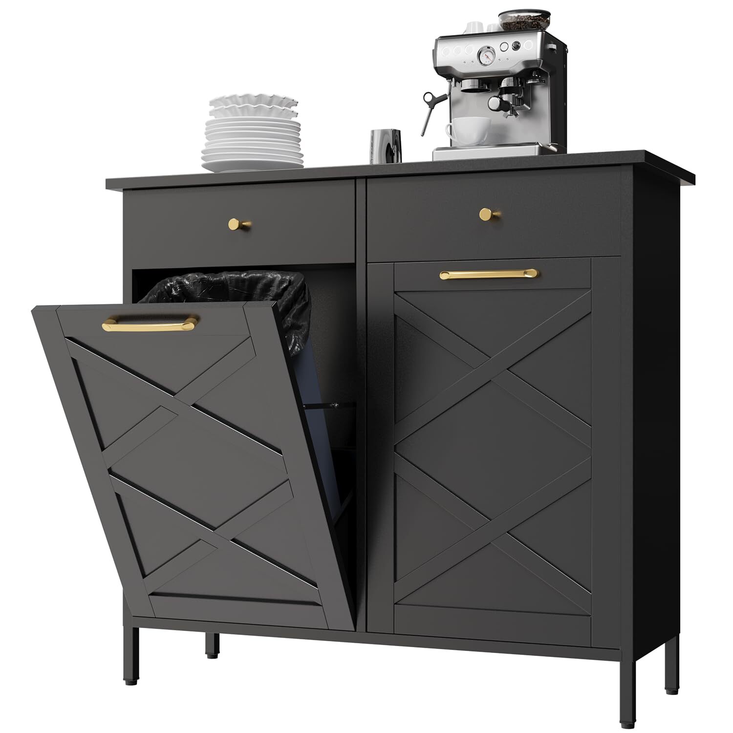 Double Tilt Out Trash Can Cabinet, 20 Gallon Metal Proof Trash Can with Drawers