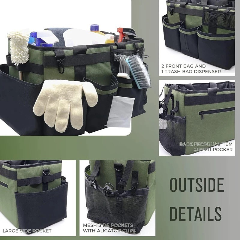 Cleaning Caddy Bag with spray bottle & Towls,Shoulder strap & waist belt.Green
