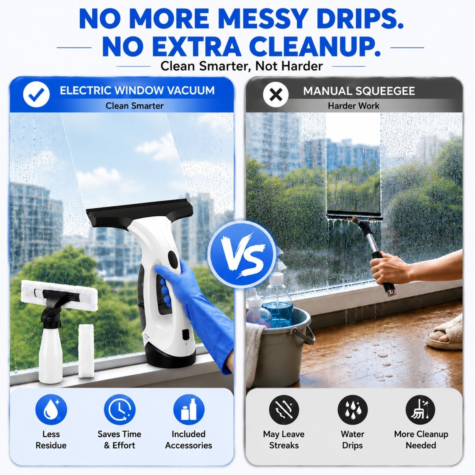 Cordless Electric Window Vacuum Cleaner, 2000Pa Suction, 280mm Blade, 150ml Tank