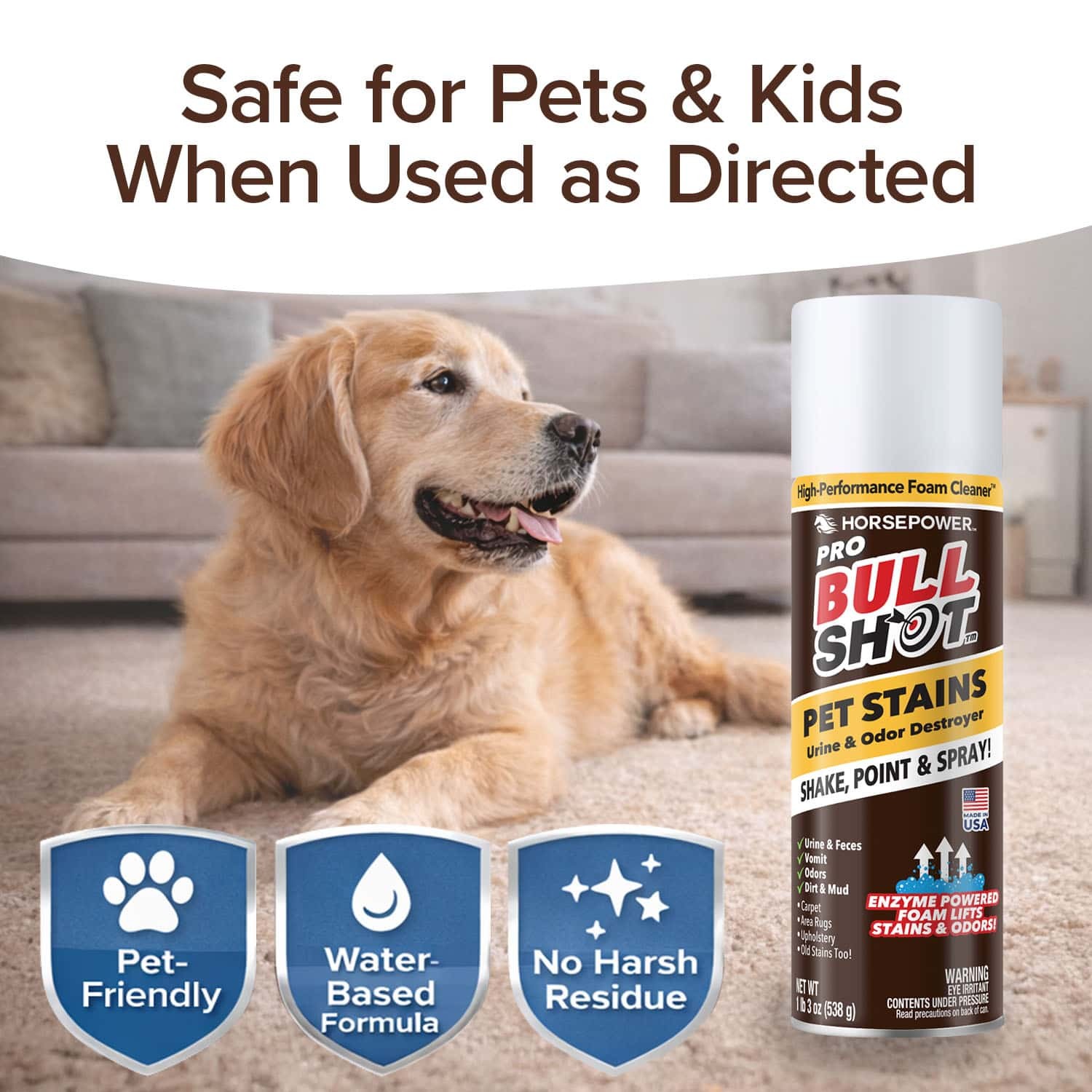 Bull Shot Pet Stains Remover, Foaming Carpet Spot Cleaner for Pet Accidents