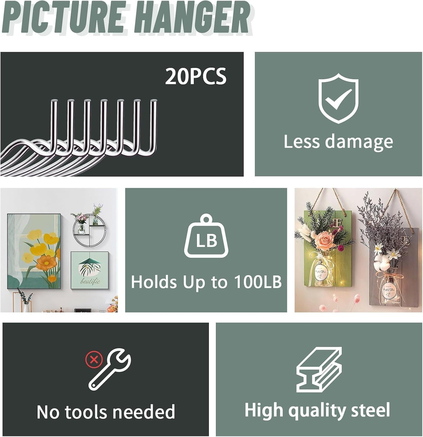 20pcs Super Strong Wall Hooks – Effortless Picture Hanger Kit for Drywall