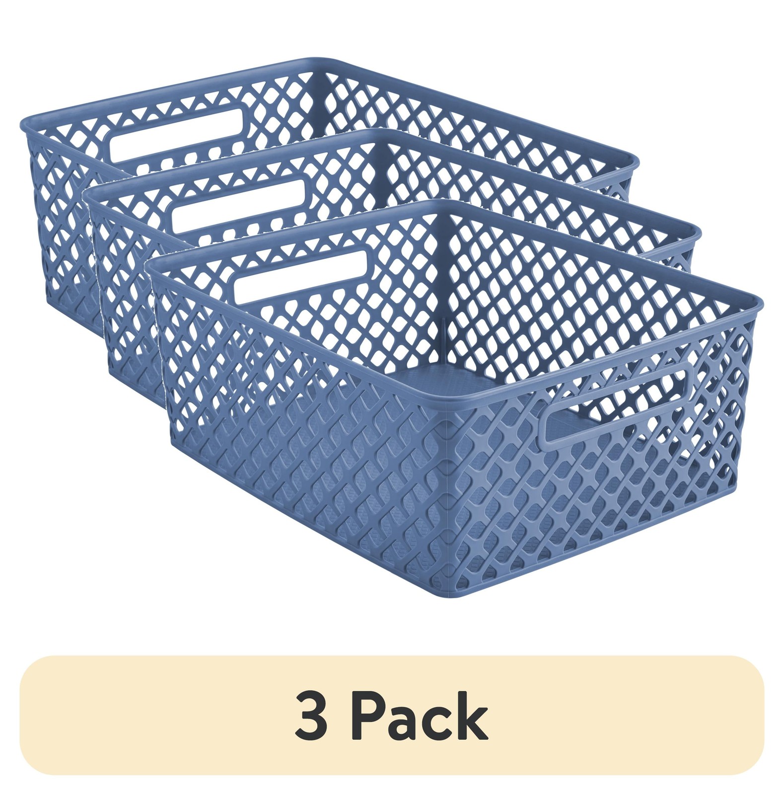 (3 pack) Medium Blue Decorative Plastic Storage Basket, 14 in x 11.5 in x 5.3 in
