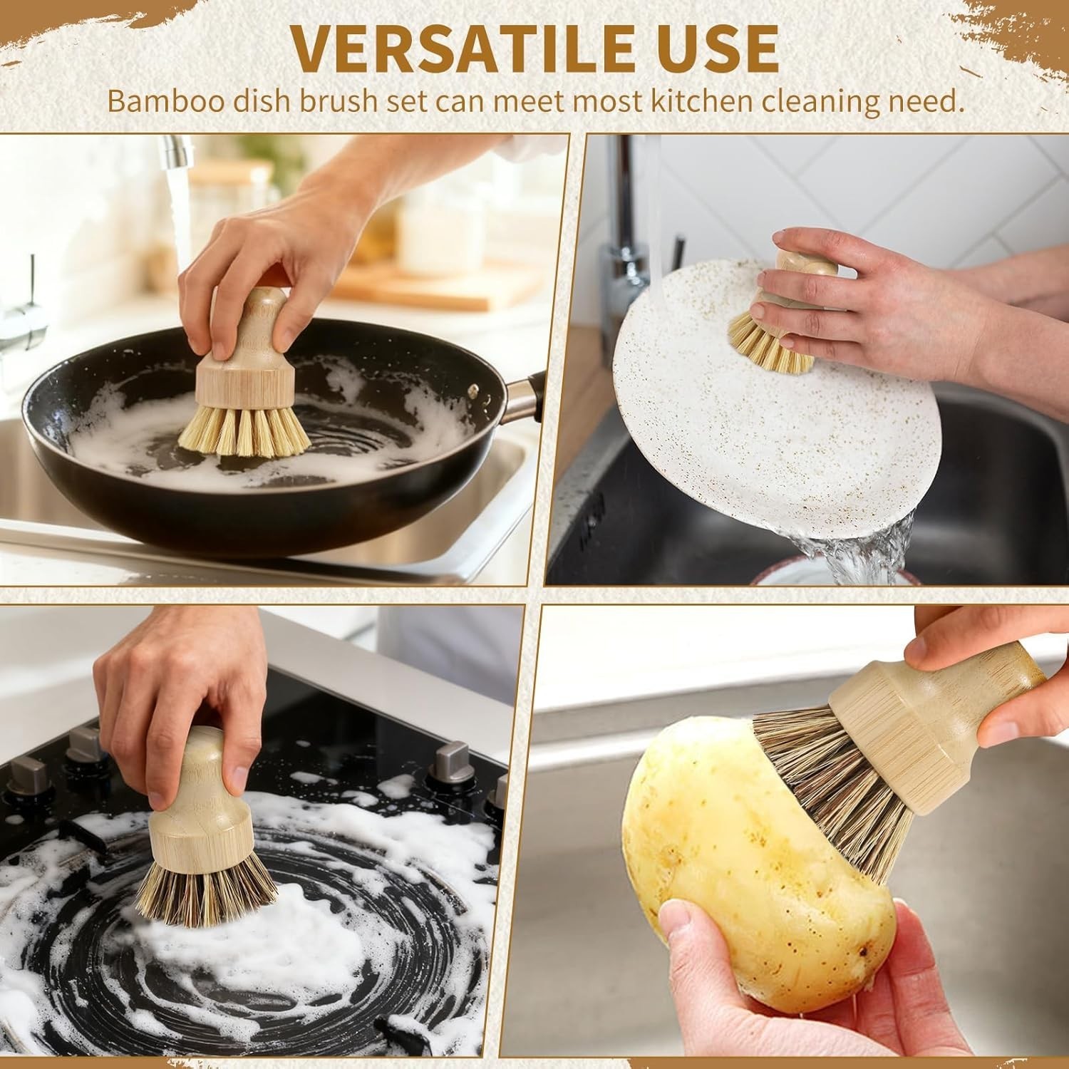 4 Pack Bamboo Dish Brush Set Natural Palm Dish Scrubber for Pots and Vegetables