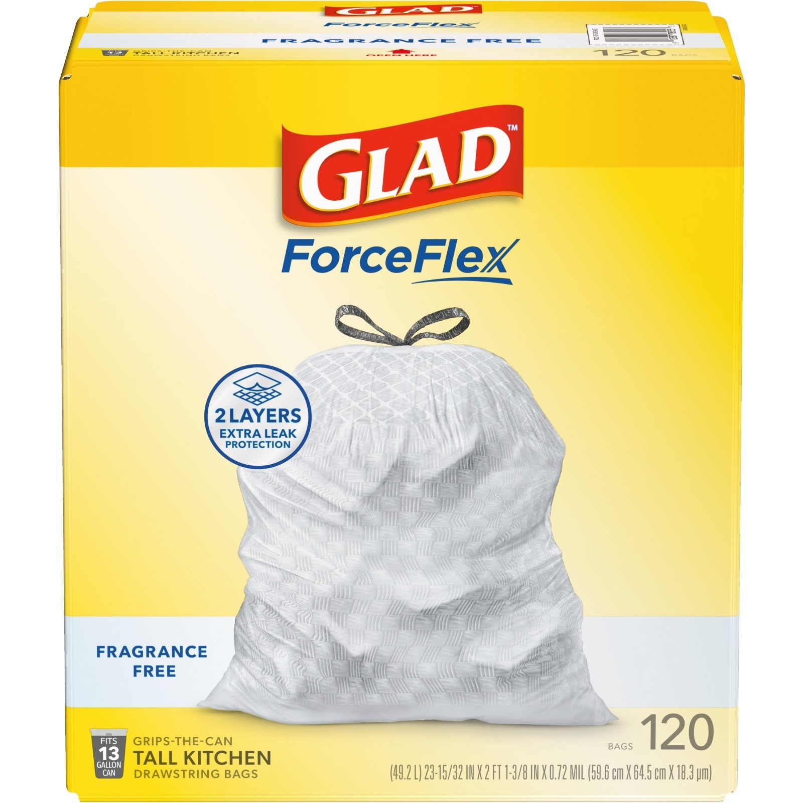 Glad ForceFlex 13 Gallon Drawstring Kitchen Trash Bags Unscented 120 Ct