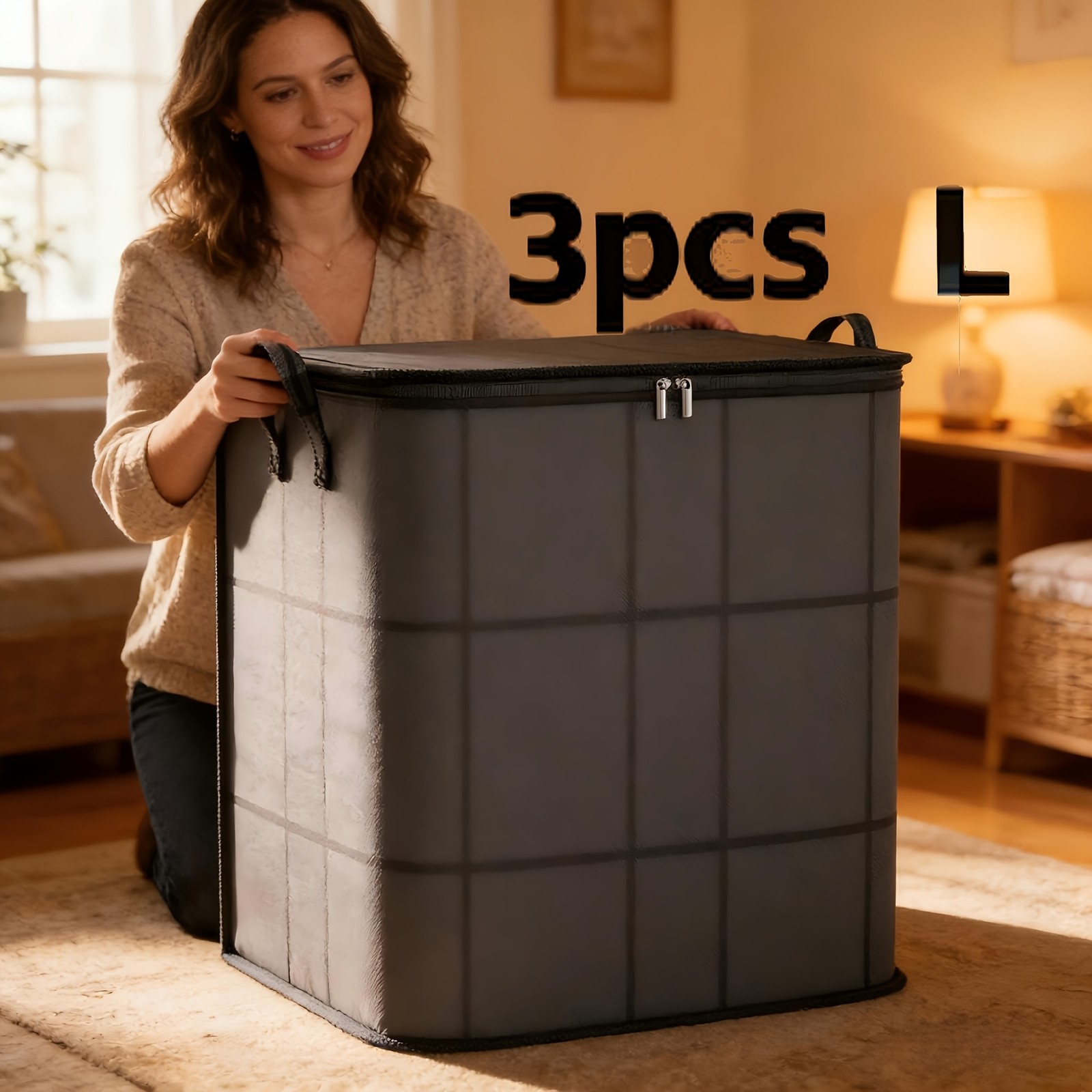 3 Pack Large Clothes Storage Bags Foldable Double Zipper Quilt Blanket Closet
