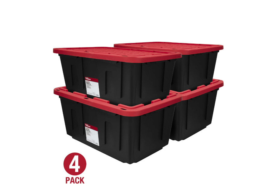 4-Pack Hyper Tough 27Gal Heavy Duty Plastic Storage Bin Black Red Snap Lid