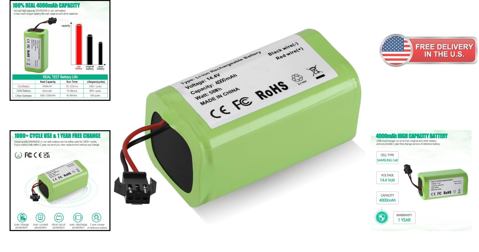 High Capacity 4000mAh Replacement Battery – 14.4V for Robot Vacuums