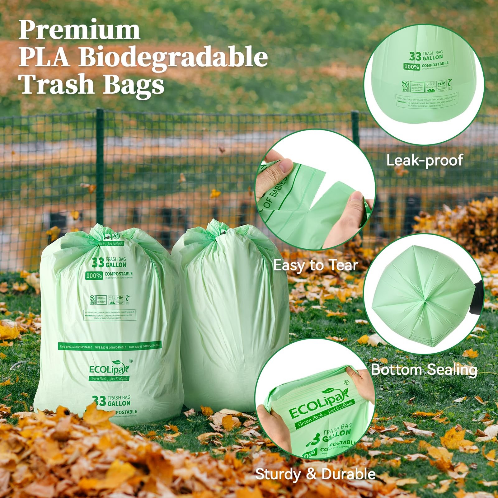 ECOLipak 33 Gallon Compostable Trash Garbage Bags, 50 Count (2 Rolls) Biodegr…