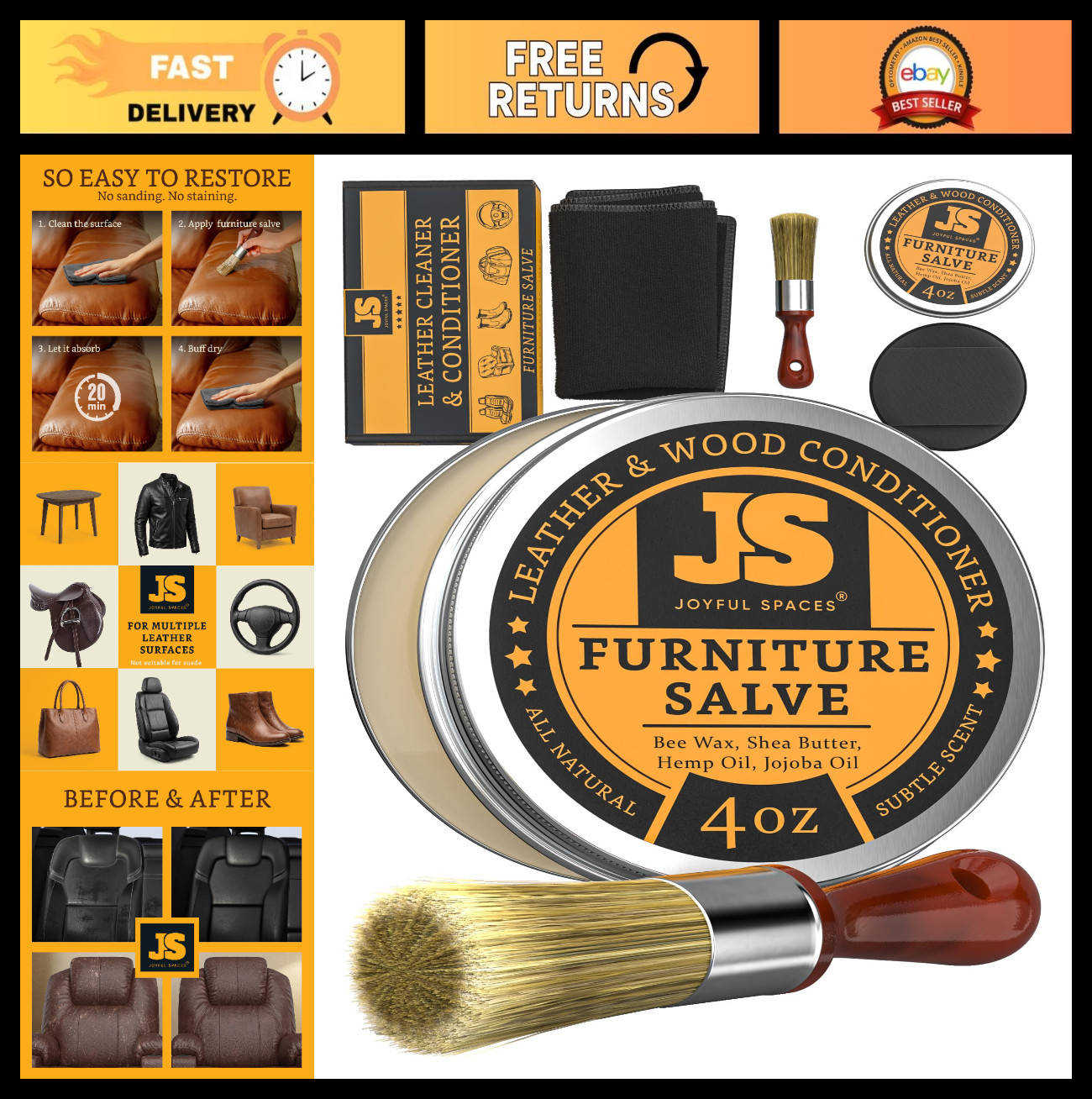 Leather Conditioner & Repair Kit, Furniture Salve, Beeswax Polish, Wood Restorer