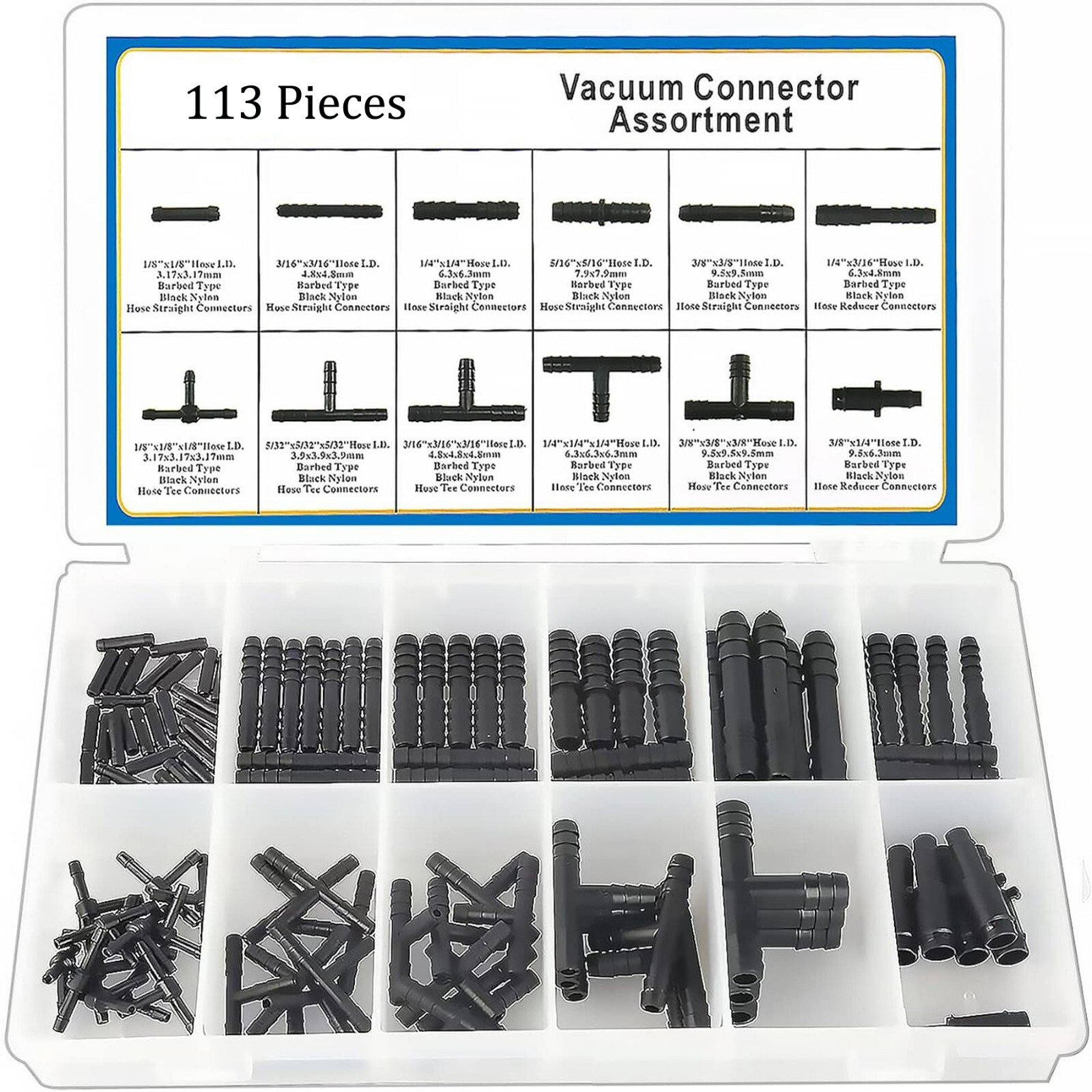 113Pcs 12 Sizes Barbed Type Automotive Vacuum Connector Assortment Kits US STOCK