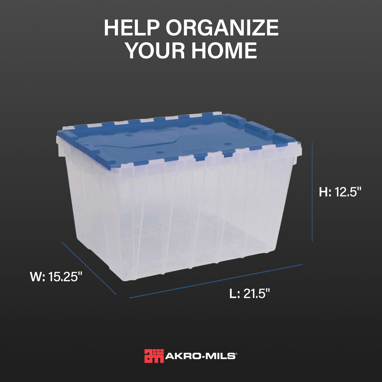 Akro-Mils KeepBox 12 Gal Plastic Storage Bin, Stackable Tote w/ Lid, Clear/Blue