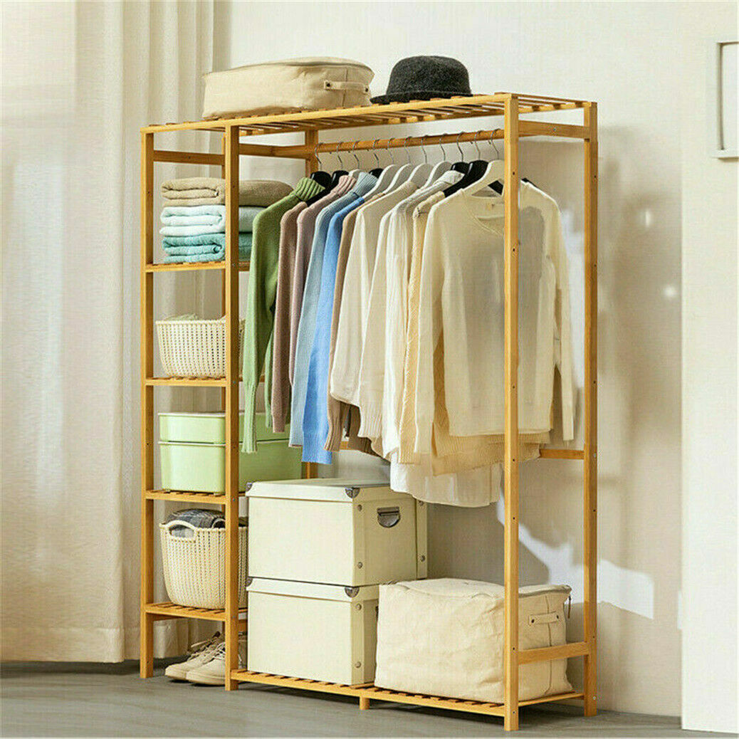 Bamboo Wood Garment Rack Clothes Hanging Stand Shoe Coat Storage Organizer Shelf