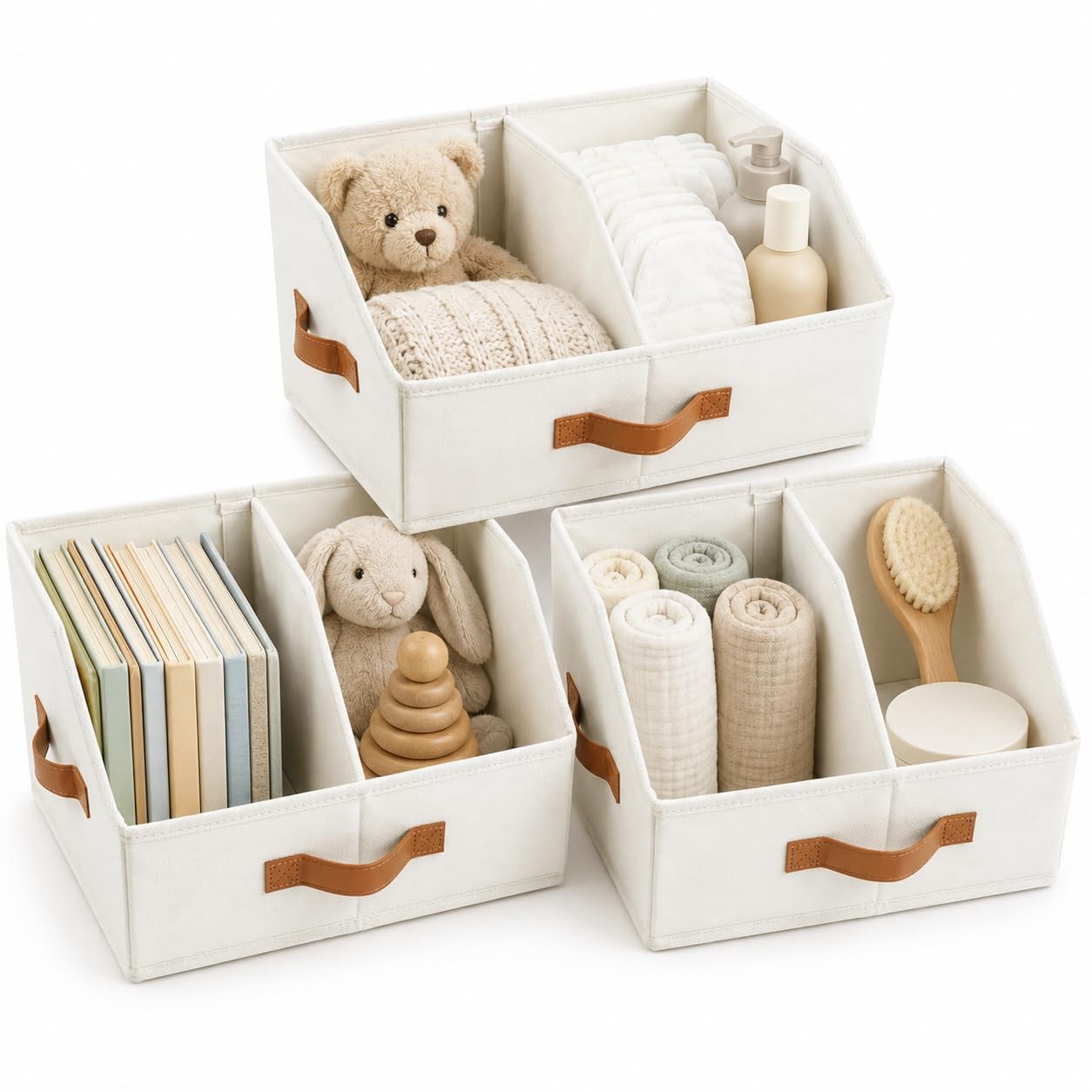 Fabric Trapezoid Storage Bin Upgraded Dividers Leather Handle Closet Ivory 3 PCS
