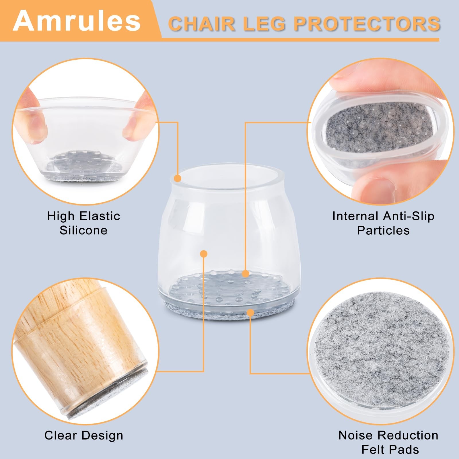 Amrules 36Pcs Chair Leg Floor Universal L(Fit:1.3″-2″), Clear & Silver-36pcs