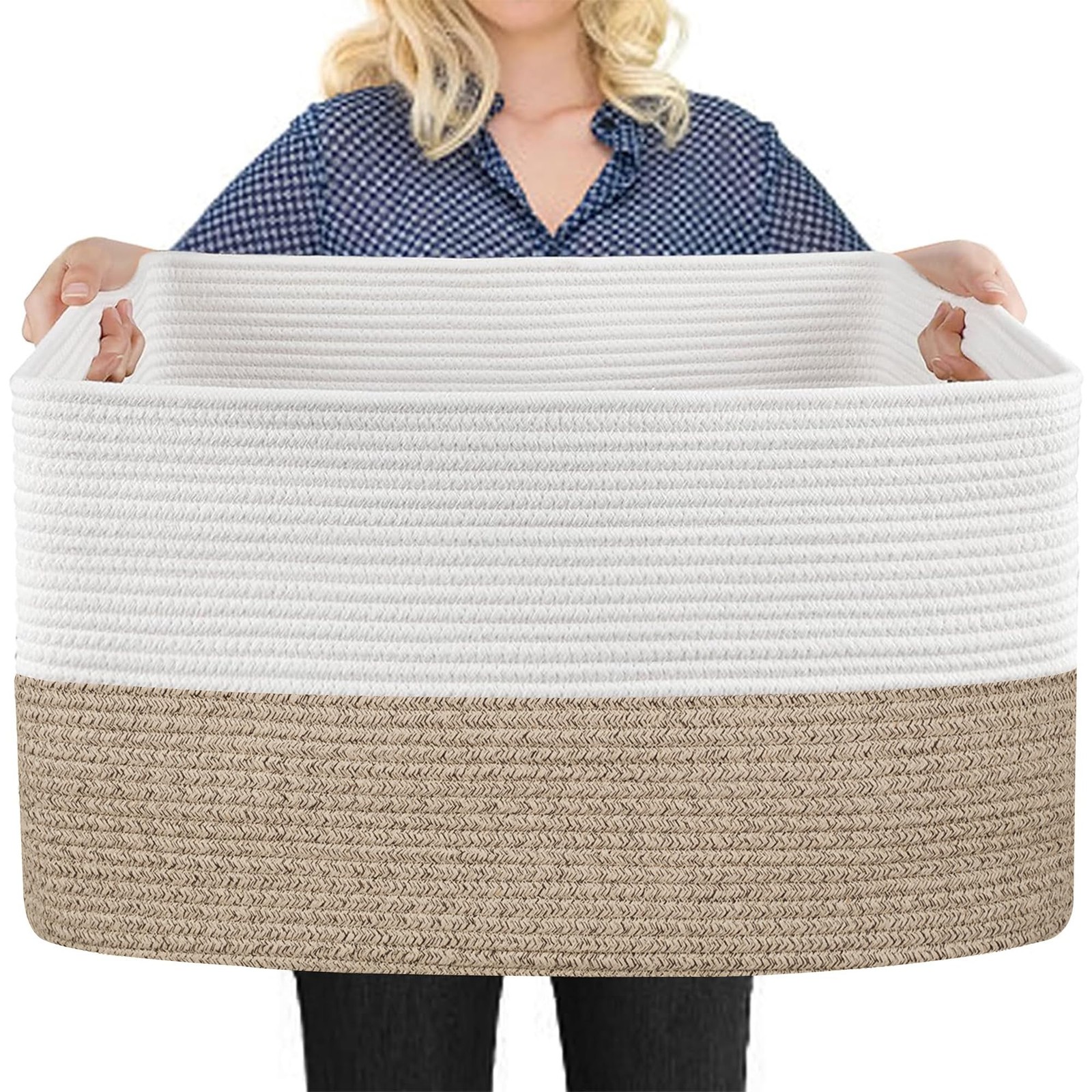 Extra Large Cotton Rope Basket 22″x17″x12″ Rectangle Storage Bin for Home