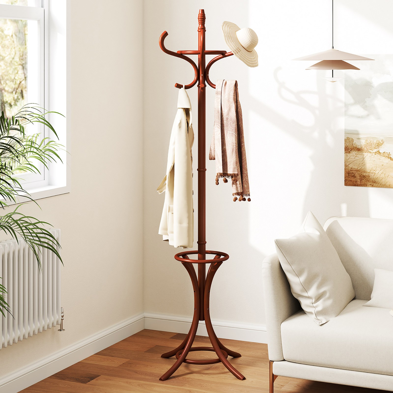 Wood Standing Hat Coat Rack Jacket Bag Hanger Tree 12 Hooks Reddish Brown w/
