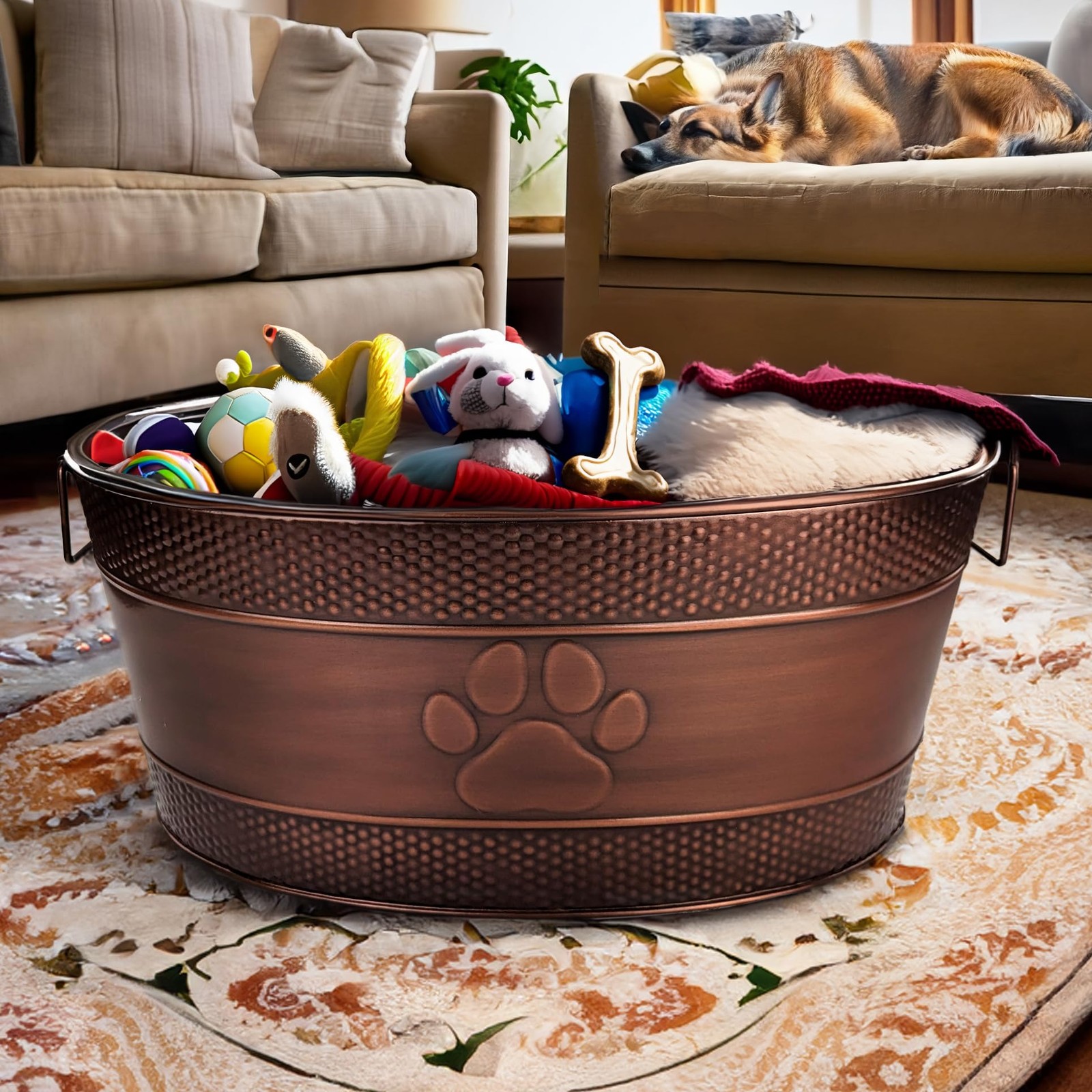Copper Metal Dog Toy Storage Bin, Indestructible, Large