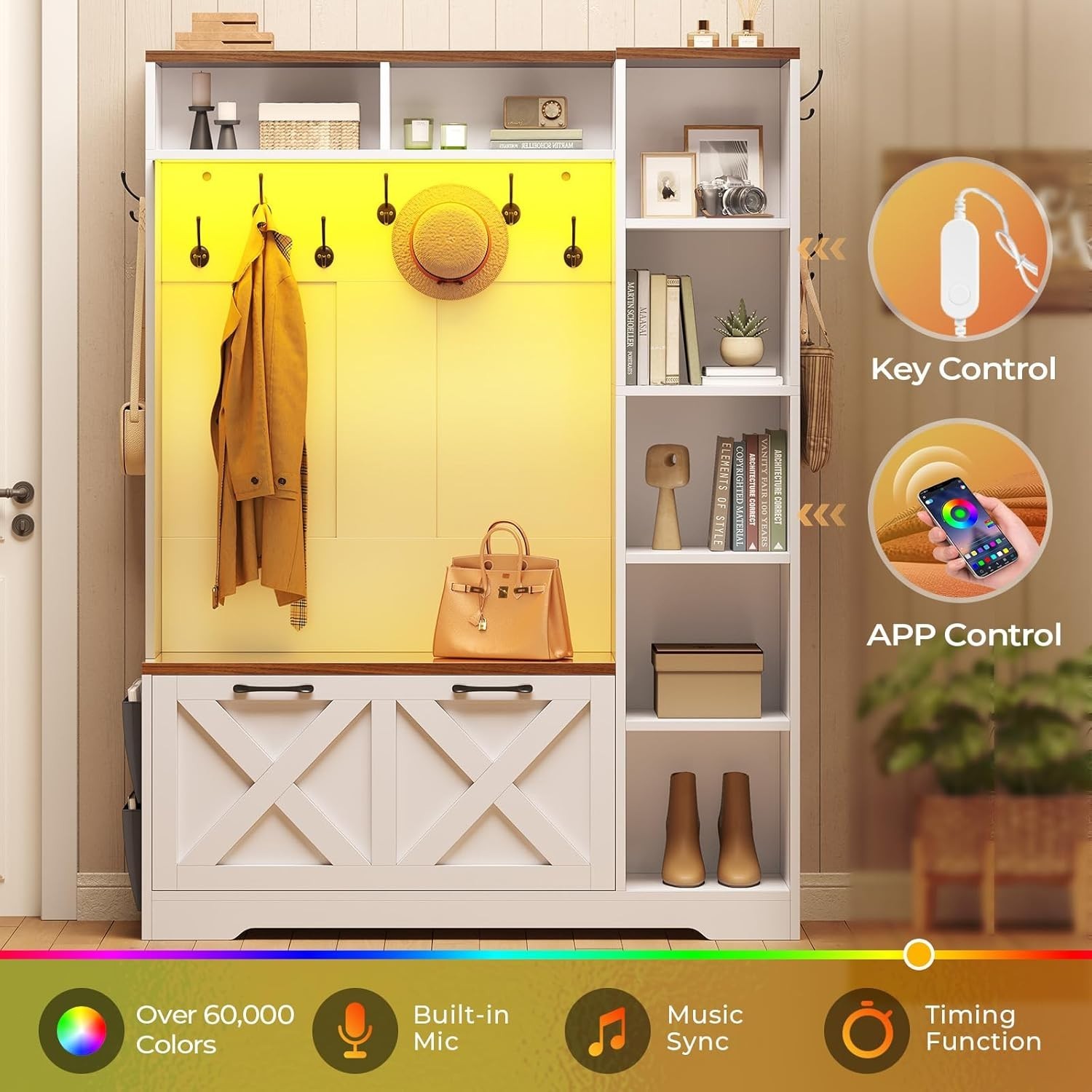 Hall Tree with Shoe Storage, Farmhouse Entryway Bench w/Flip Drawers &Led Lights