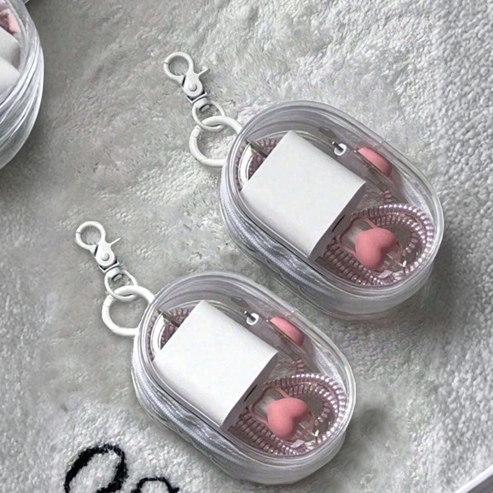 2 Pack Transparent Mini Zipper Storage Pouch Travel Bag Organizer Keychain Clip