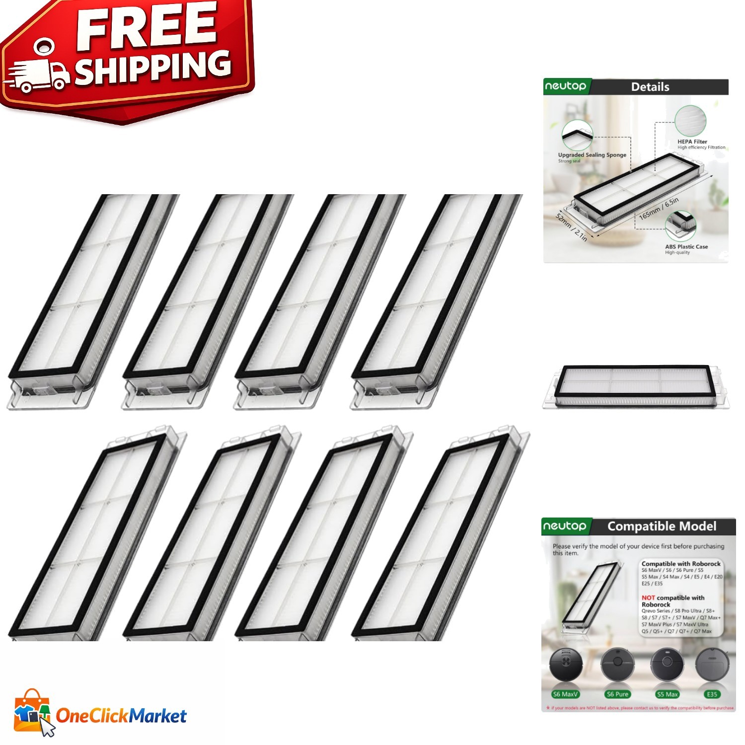 HEPA Replacement Filters for Roborock S6/S5/S4 Robot Vacuums, 8-Pack