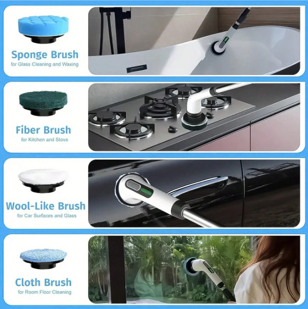 9-in-1 Power Cleaning Brush Set Adjustable Handle USB-C for Tubs, Tiles & Sinks