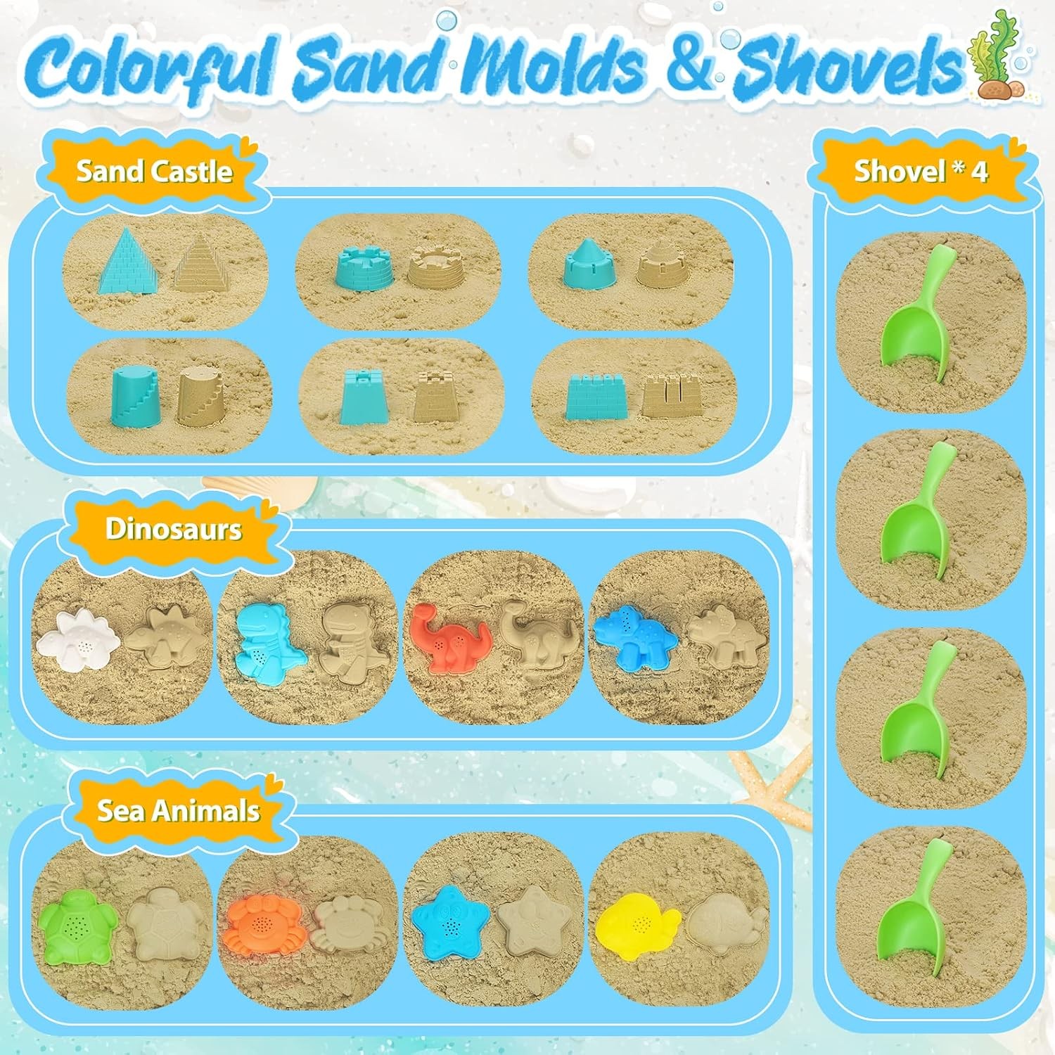 Beach Toys with 4 Collapsible Buckets, Sand Molds for Kids 3-12 | 2 Mesh Bags,