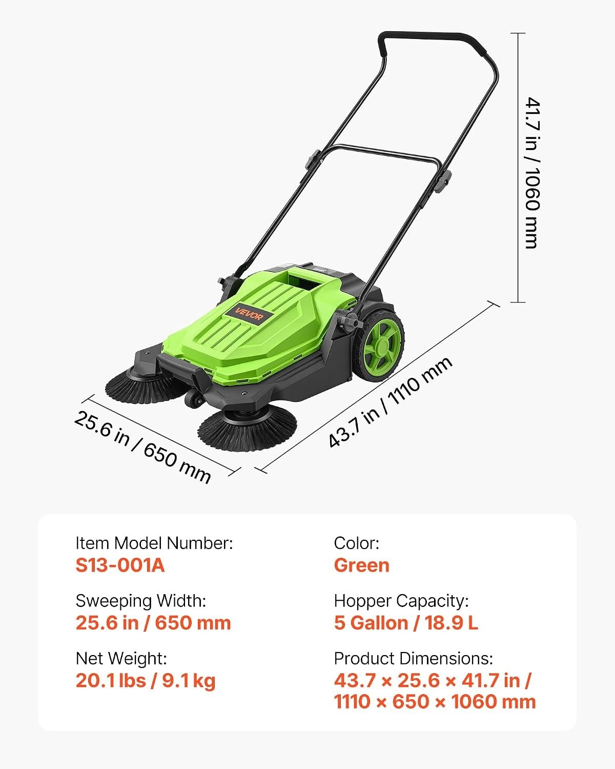 Pro Floor Sweeper, Manual Push, 25.6″ Wide, 5 Gal Bin, Ergonomic Folding Handle