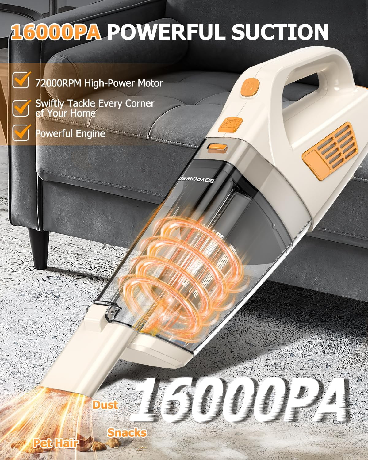 Handheld Vacuum Cordless, 16000PA Strong Suction Hand Held Vacuum Cordless Recha