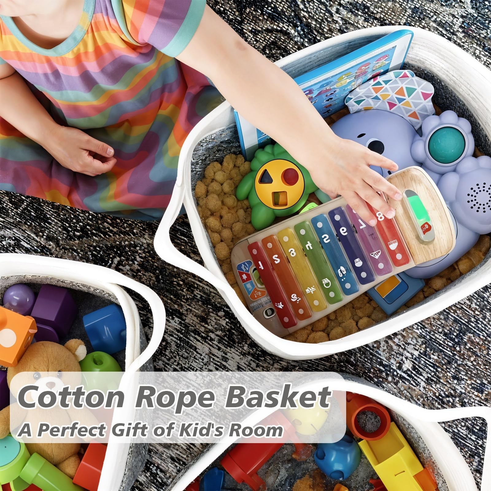 1 PCS Woven Storage Basket Cotton Rope Closet White Grey 13.4×9.3×9.5 Inch