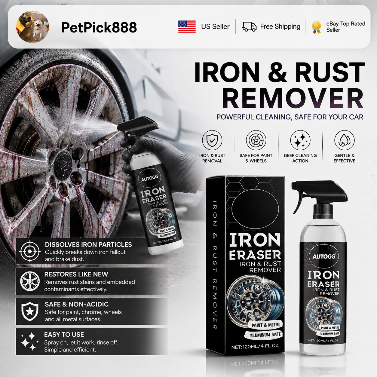 Iron Eraser Rust Remover Spray, Car Wheel Paint Brake Dust Fast Cleaner 120ML US
