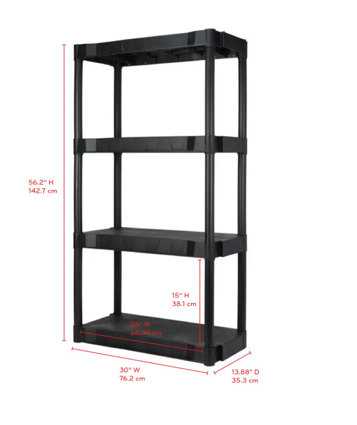 Hyper Tough 4 Shelf Plastic Shelving Unit 13.88″ (D) x 30″ (W) x 56.2″ (H) Black