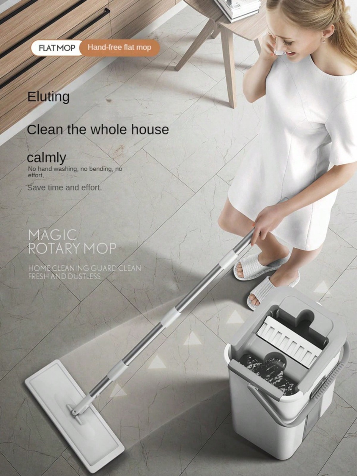 Flat Floor Mop and Bucket Set – Hands Free Self-Wringing Mop System with Reusabl