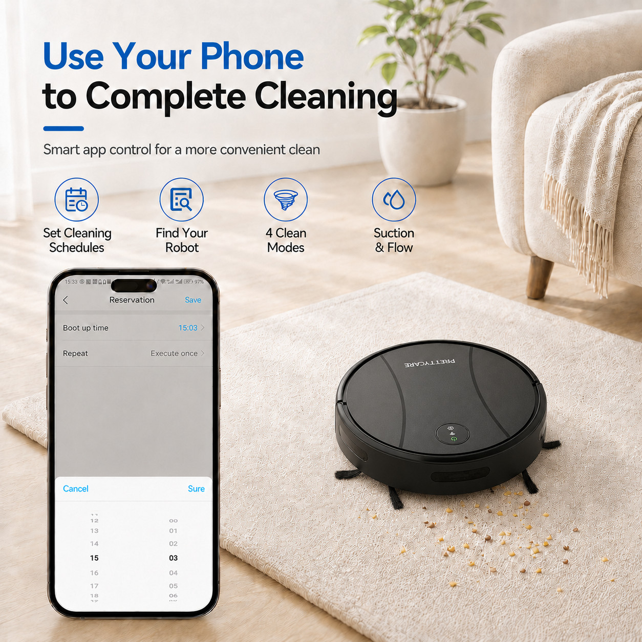 PrettyCare C2-v2 Robot Vacuum Mop Combo 8000Pa Suction 5200mAh, Black
