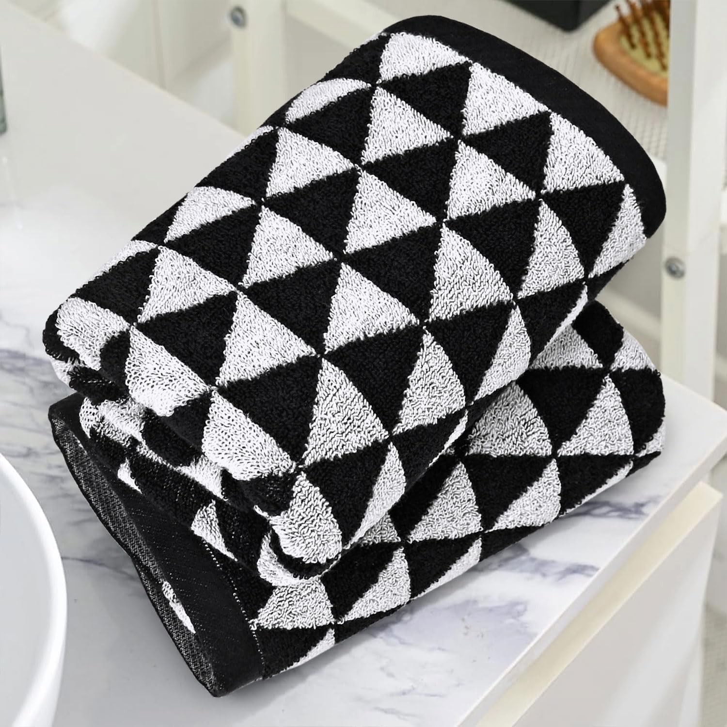 Black and White Hand Towels (Geometric Triangle), 4 Pack Cotton Soft Face Towel