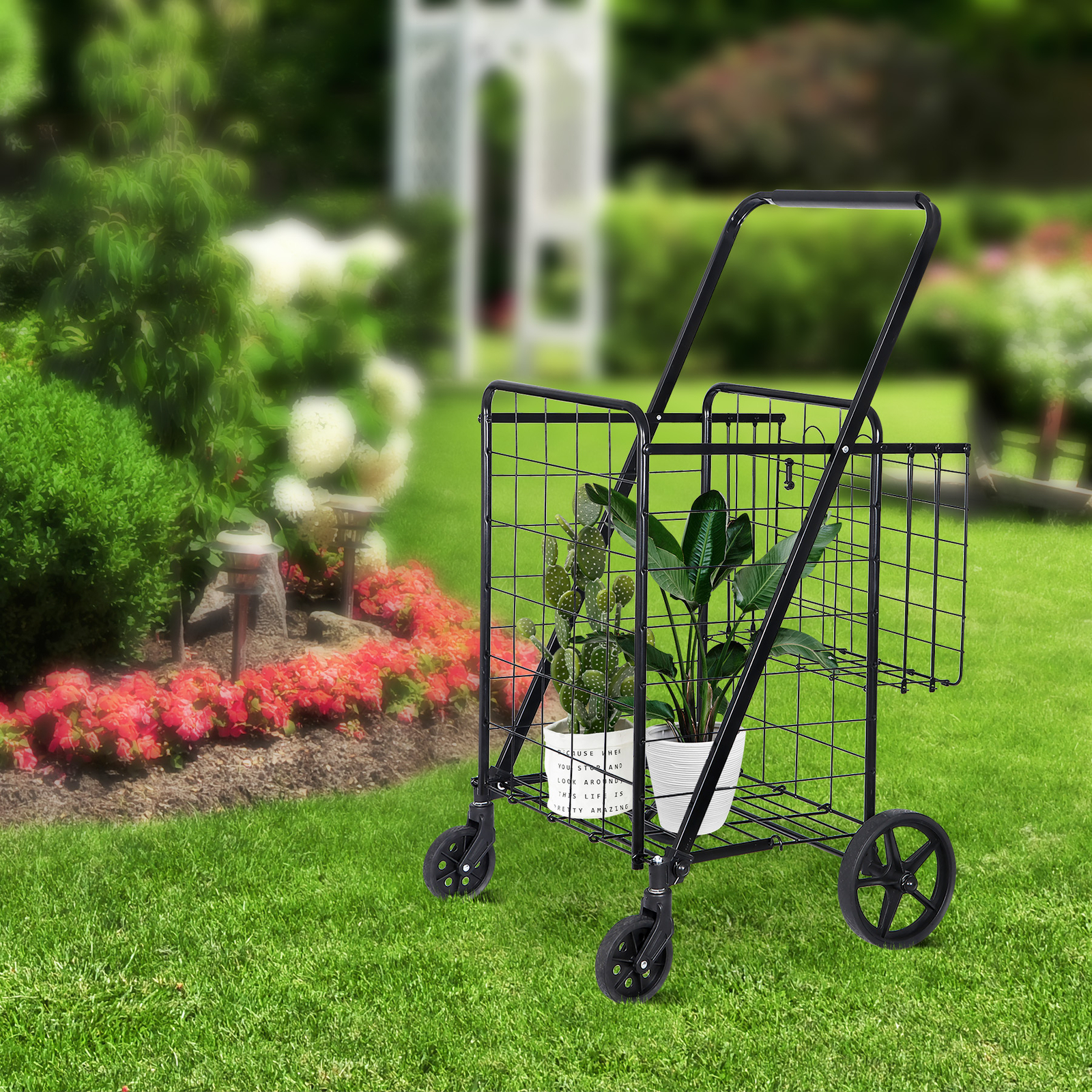 Folding Shopping Cart Rolling Trolley Utility 2 Basket W/Wheel for Laundry Black