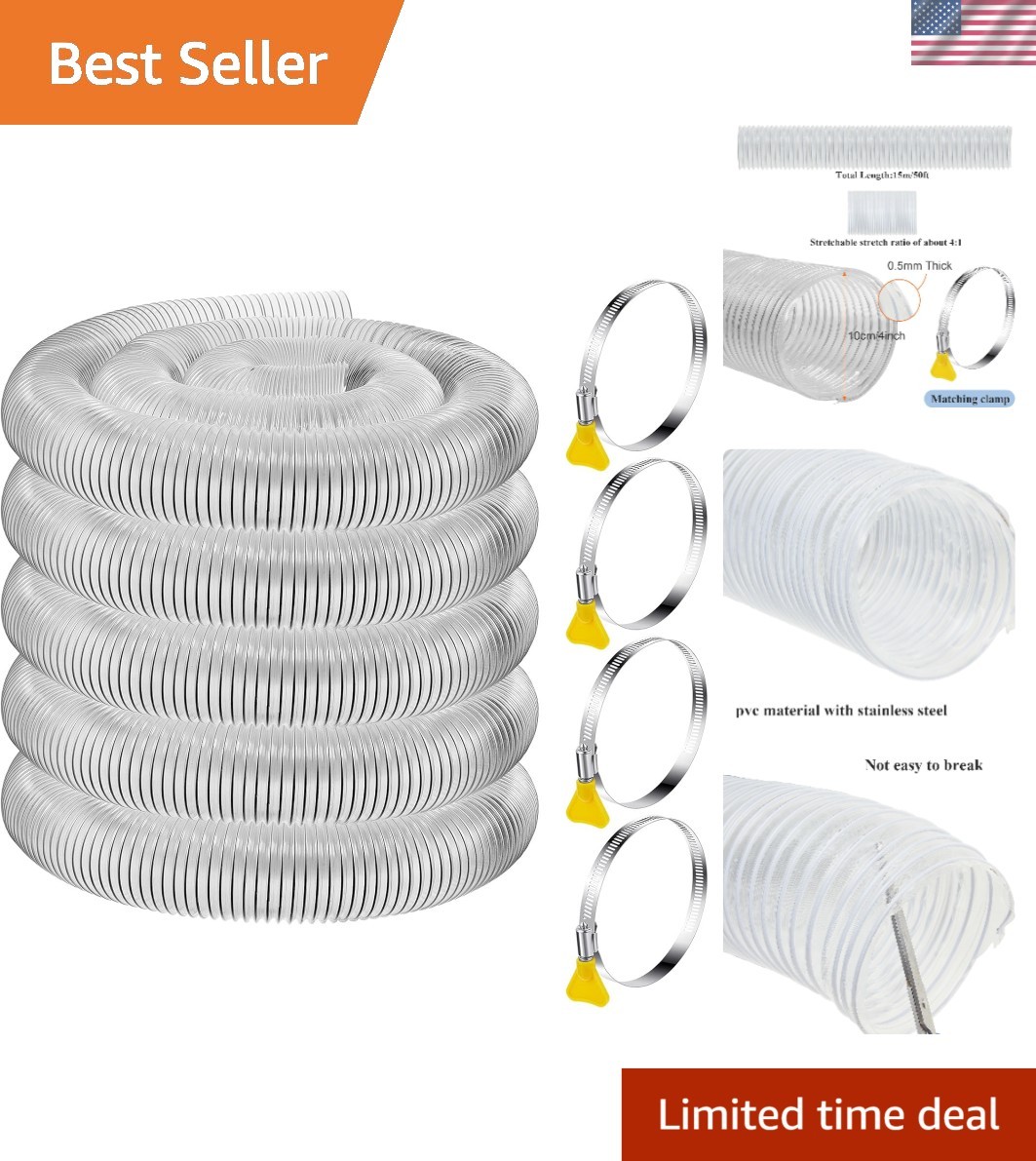 4 Inch x 50 Ft Heavy-Duty PVC Dust Collection Hose with Flexible Design & Clamps