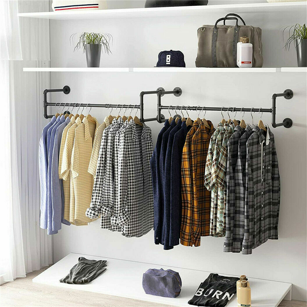 Heavy Duty Wall Mounted Clothes Rail Shelf Garment Hanging Wardrobe Rack Display