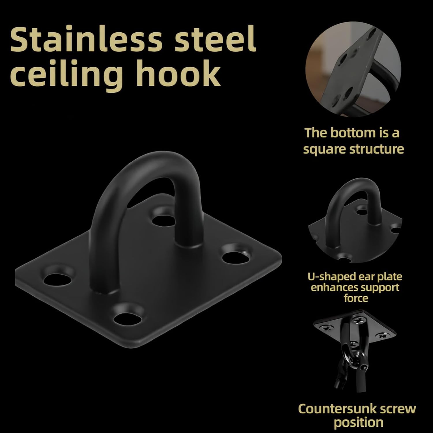 4 Pack Stainless Steel Ceiling Hook Eye Plate 80LB Load Hammock Swing Yoga Black