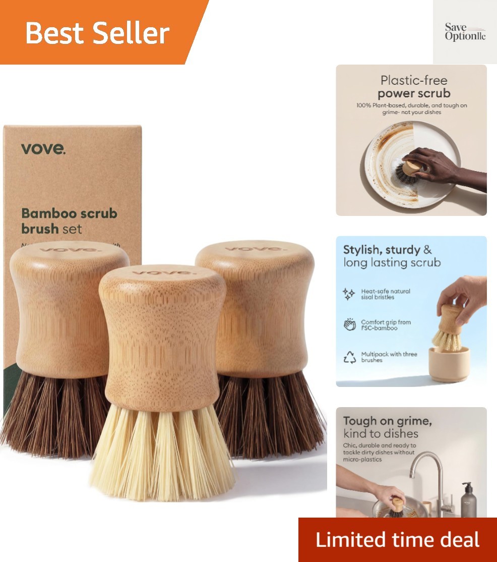 Bamboo Dish Scrub Brush Set, 3-Pack Plastic-Free Kitchen Brushes for Dishes P…