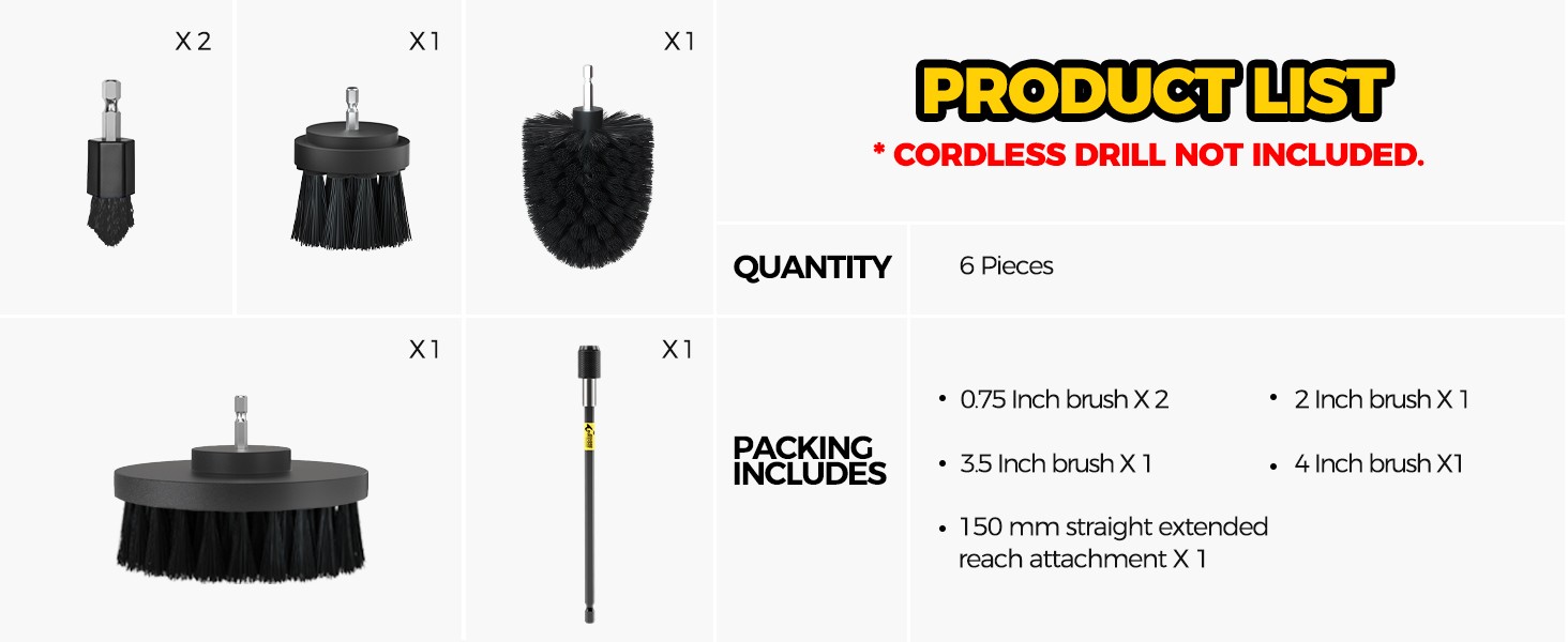 6Pack Drill Brush Power Scrubber Cleaning Brush Extended Long Attachment Set All