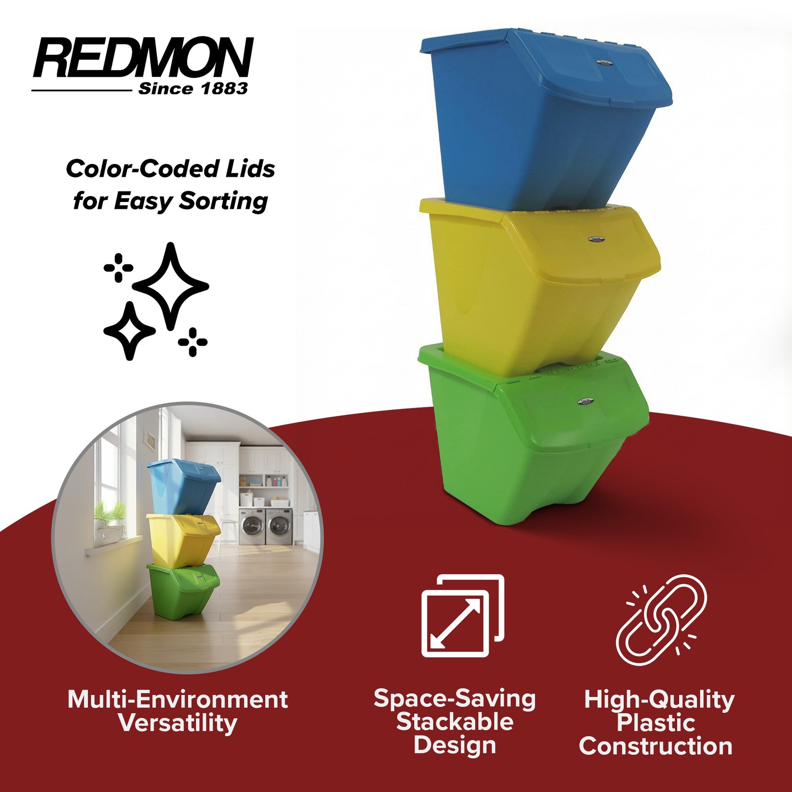 Redmon 10-Gal Stackable Shutter Bins, 3-Piece Recycling Storage Set, Multi-Color