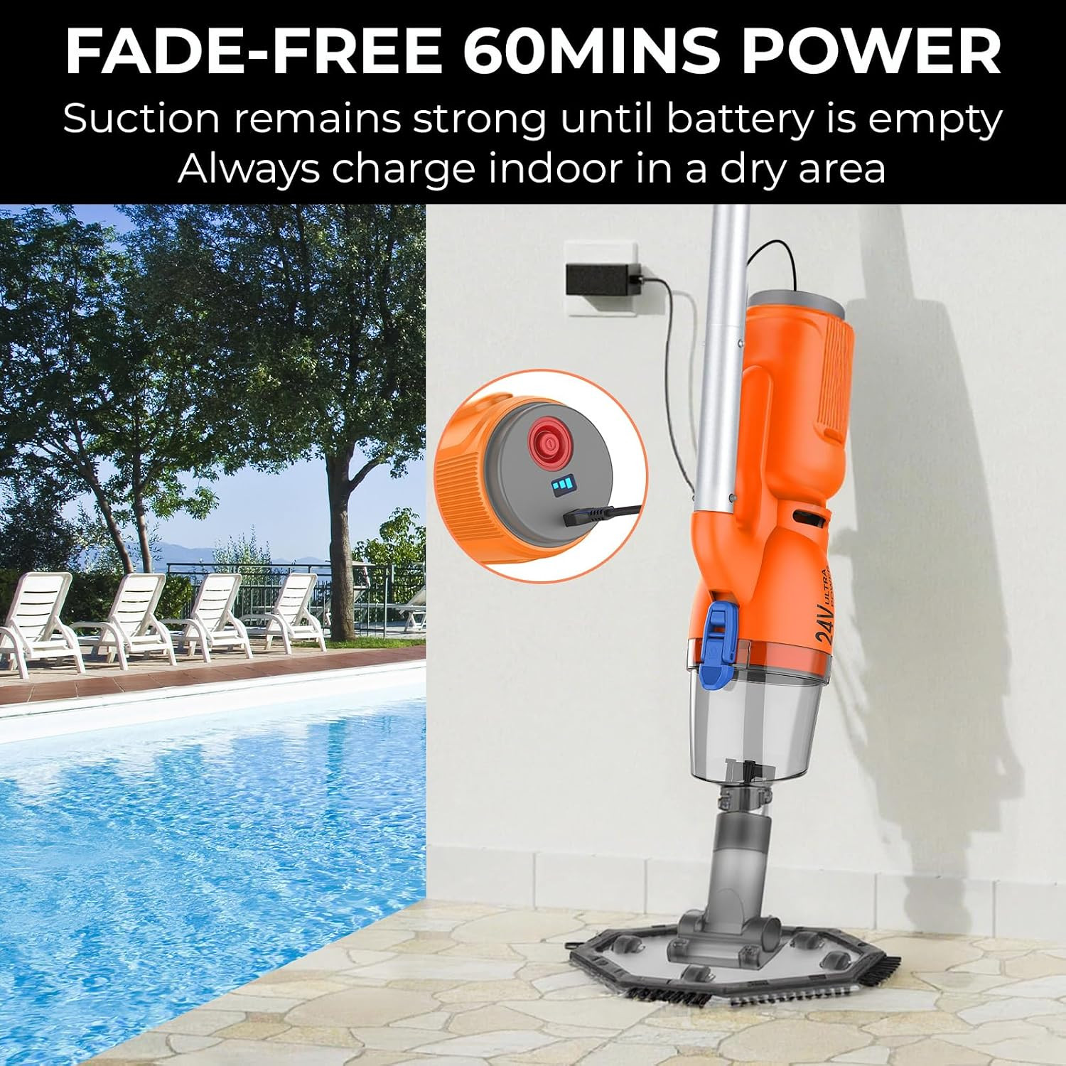 24V Cordless Handheld Pool Vacuum with 3-Stage 3D Micro-Filtration | 65W 43Kpa H