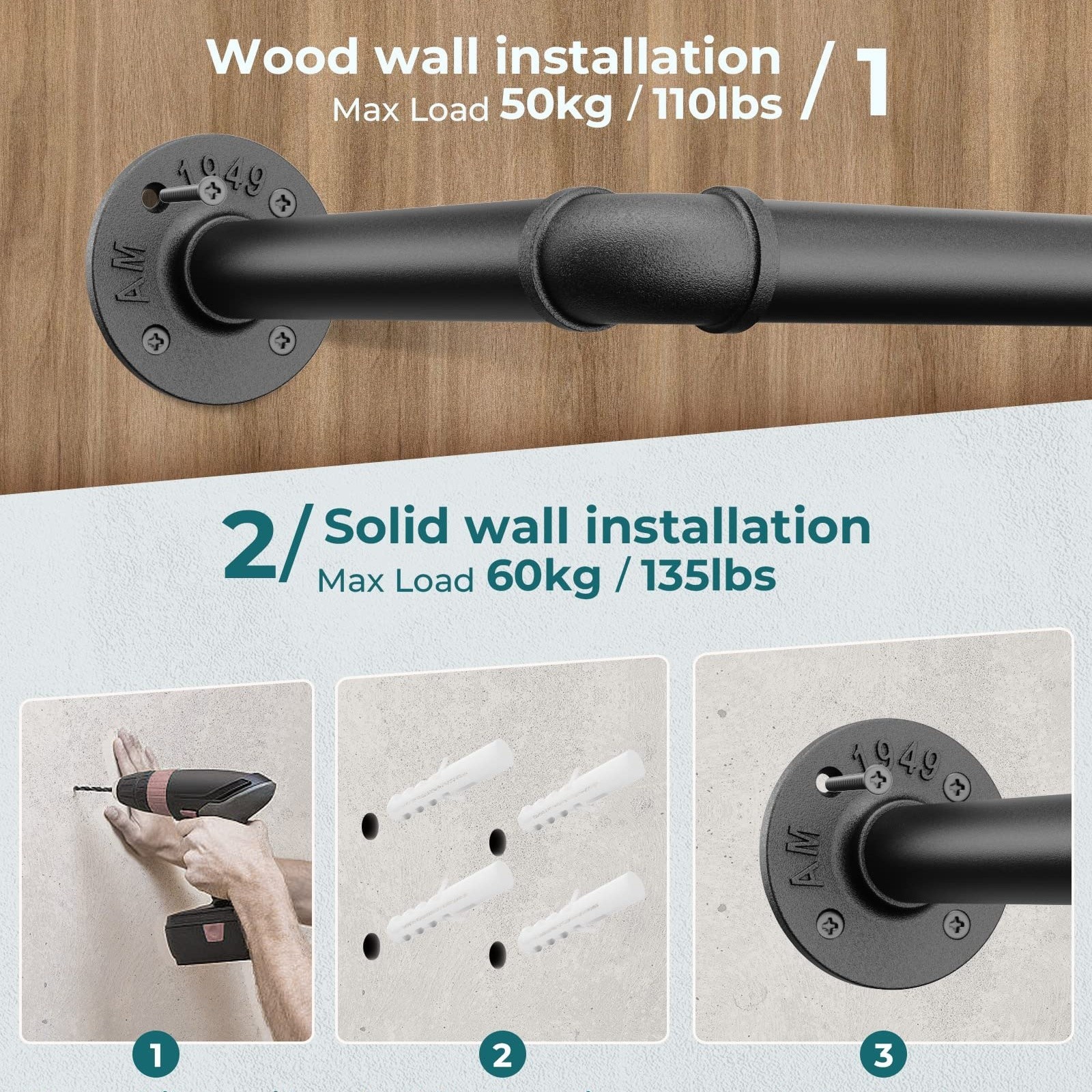 Industrial Pipe Clothes Rack Wall Mounted Set of 2, 38.4 inches Heavy Duty Iron