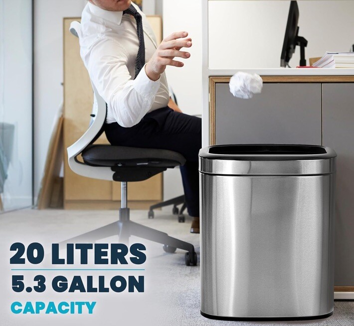 Compact 5.3 Gallon Brushed Stainless Steel Kitchen Trash Can – Open Top Design
