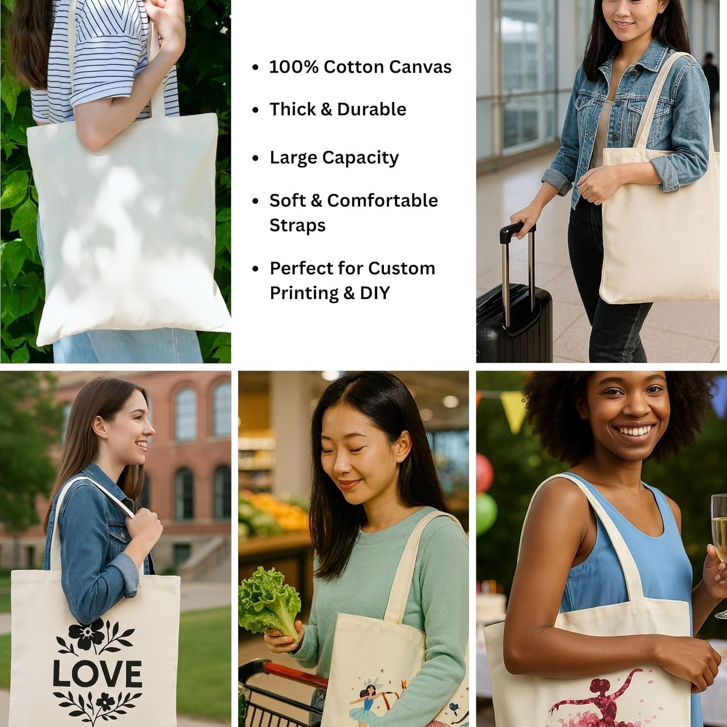 Canvas Tote Bag 15×16, Bulk Reusable Cotton for Grocery DIY Crafts 2 6 12 Pack